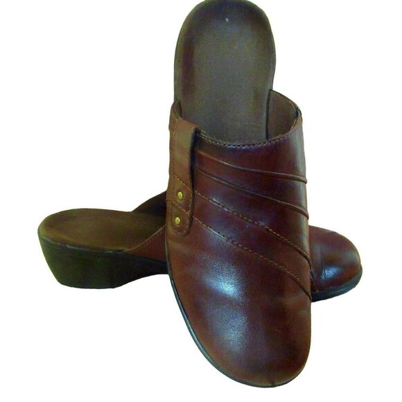 Clarks May Flower Leather Slip On Dark Brown Top Stitched Clogs Shoes Sz 9 M - Picture 2 of 9